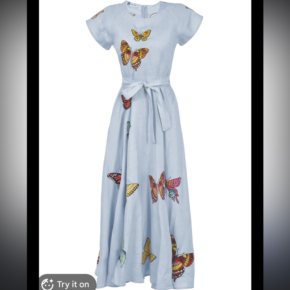 Fanm Mon Light Blue Dress with Colorful Butterfly Embroidery